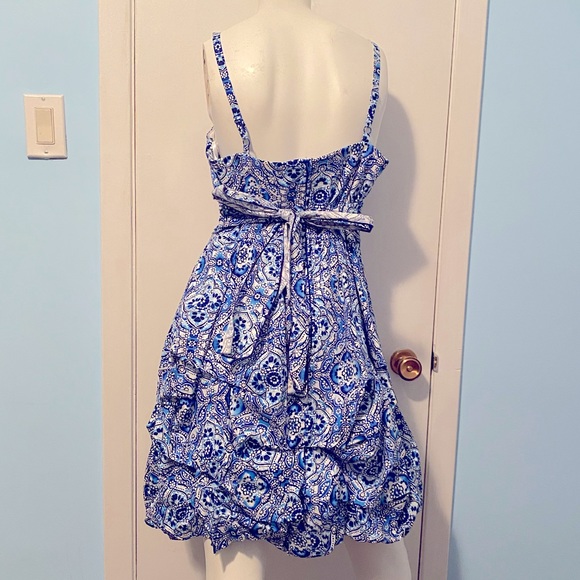 Floral Blue A-Line Dress with Ruching - Picture 2 of 3